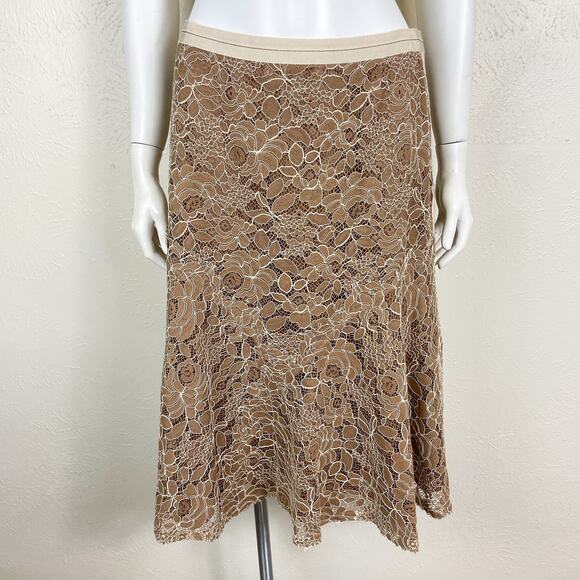 Lida Baday Lace Midi Skirt Size 6 Beige Tan Floral A Line Flared - Picture 3 of 10